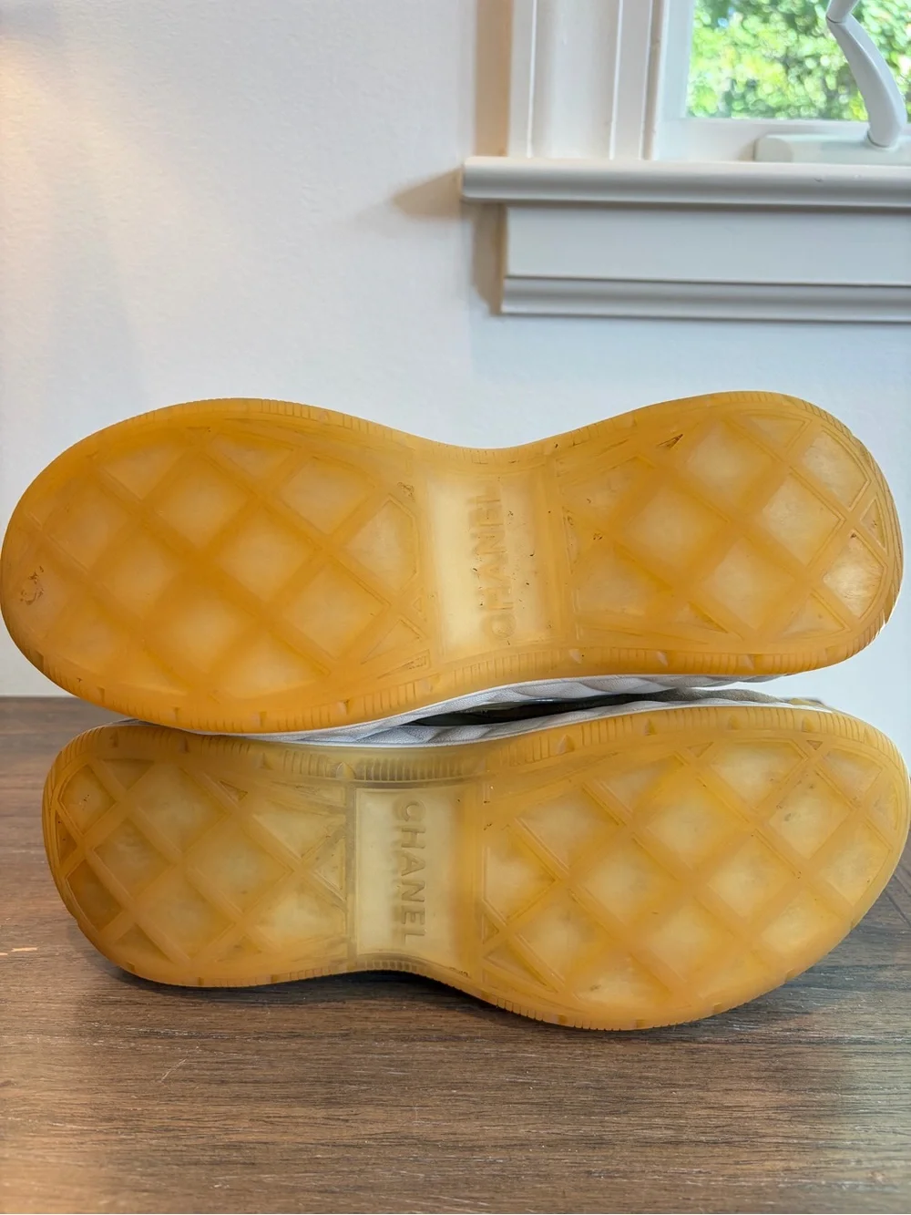 CHANEL Taupe Quilted High-Top Sneakers